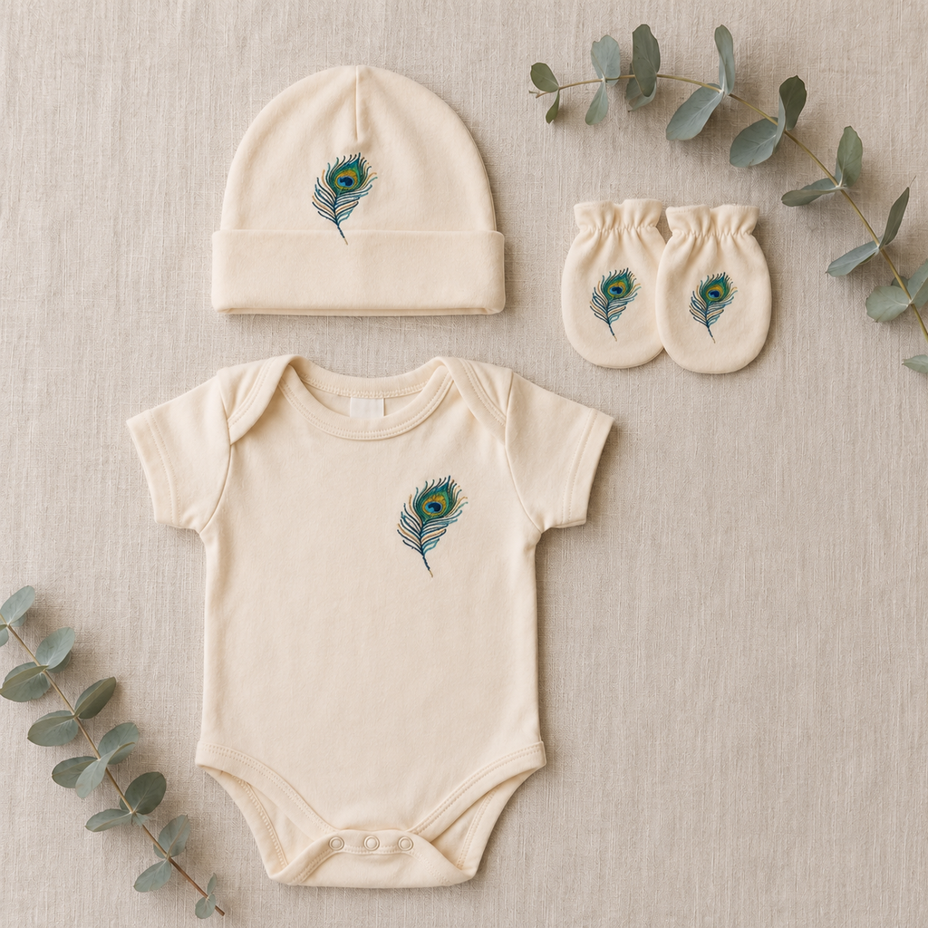 Divine Peacock Feather Embroidered Baby Onesie Set