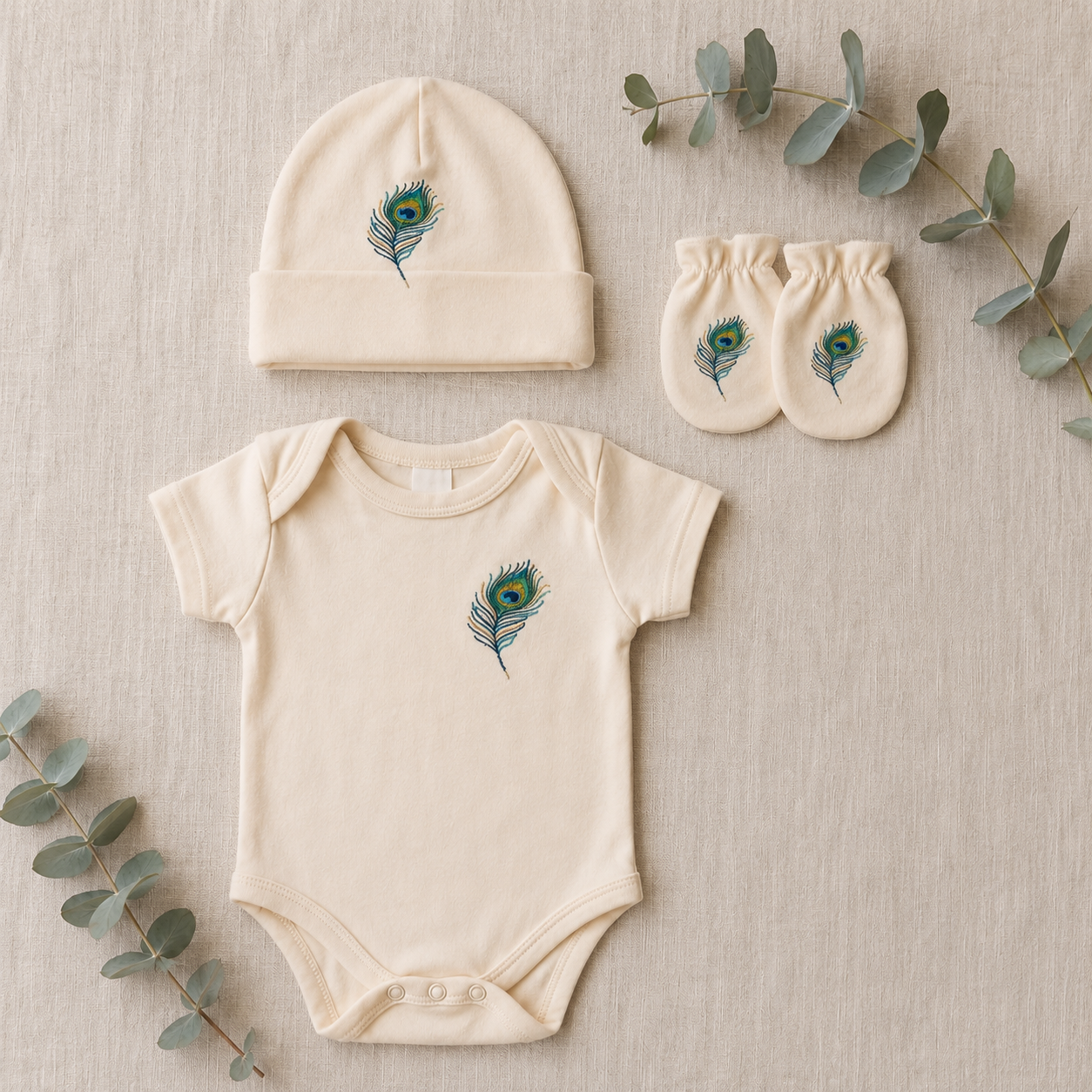Divine Peacock Feather Embroidered Baby Onesie Set