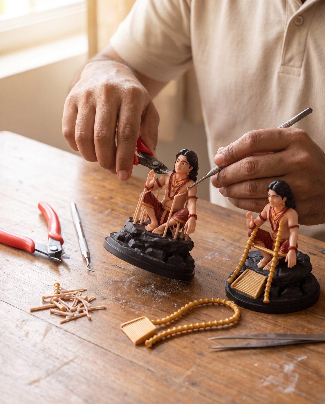 Hands finishing a 3D-printed Murugan figure at the studio workbench