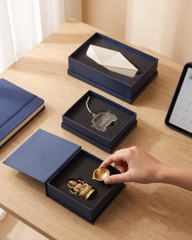 Three navy gift boxes on an oak desk, each holding a different corporate gift