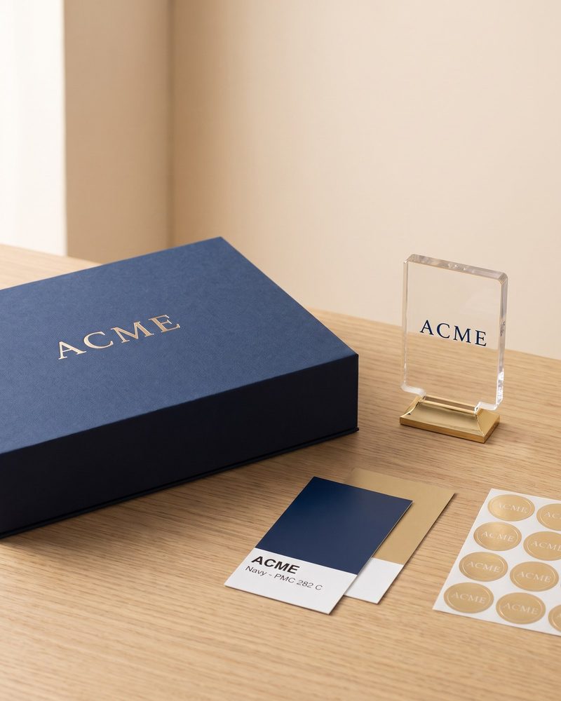 Navy box with a company name in gold foil, an acrylic logo piece and a brand colour card