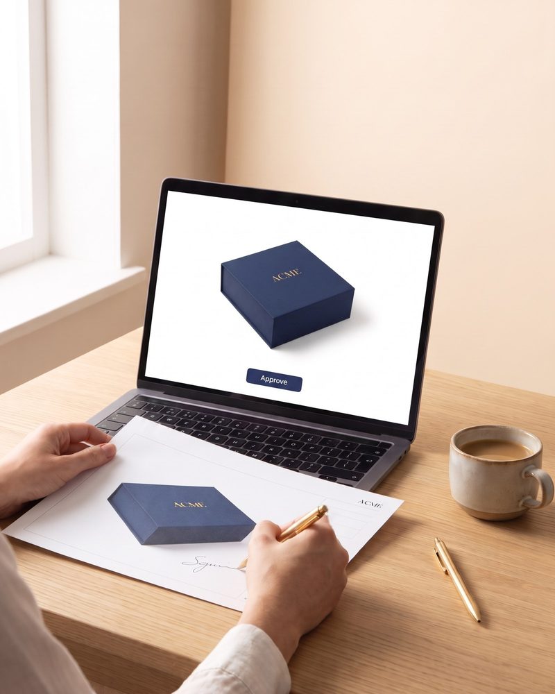 Laptop showing the branded box proof with an Approve button, and a printed proof being signed
