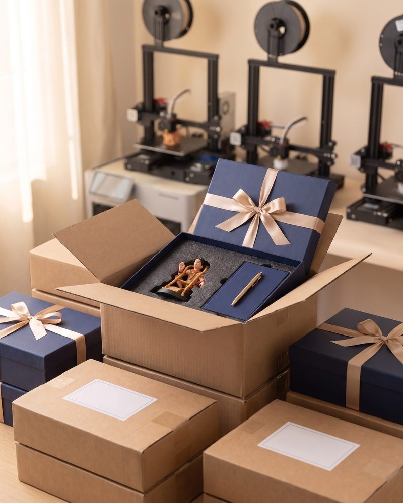 Navy gift boxes packed into shipping cartons in the studio, with 3D printers behind