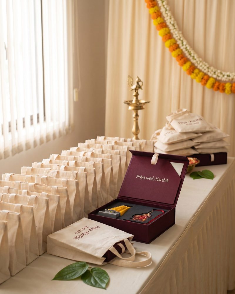 Personalised return-gift boxes lined up at the wedding hall